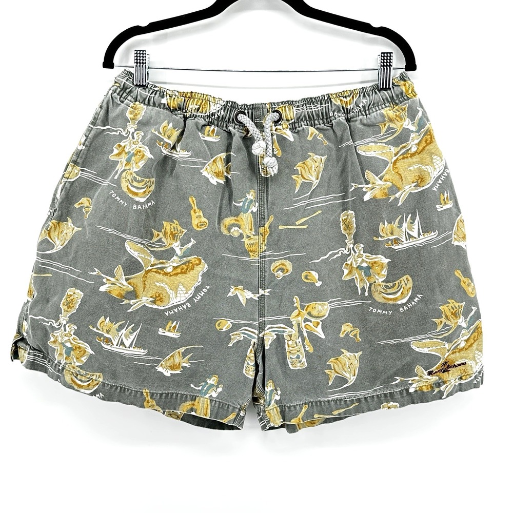 Tommy Bahama Shorts Mens XL Green Relax Tropical Fish Print Drawstring Hawaiian